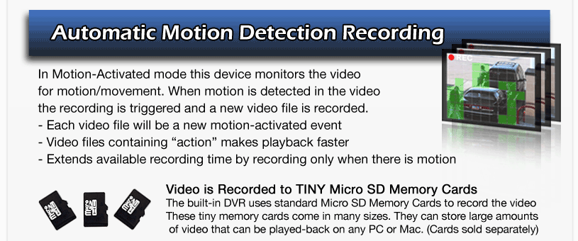 Hidden Camera with built-in DVRs and motion detection motion activted motion detection recording modes